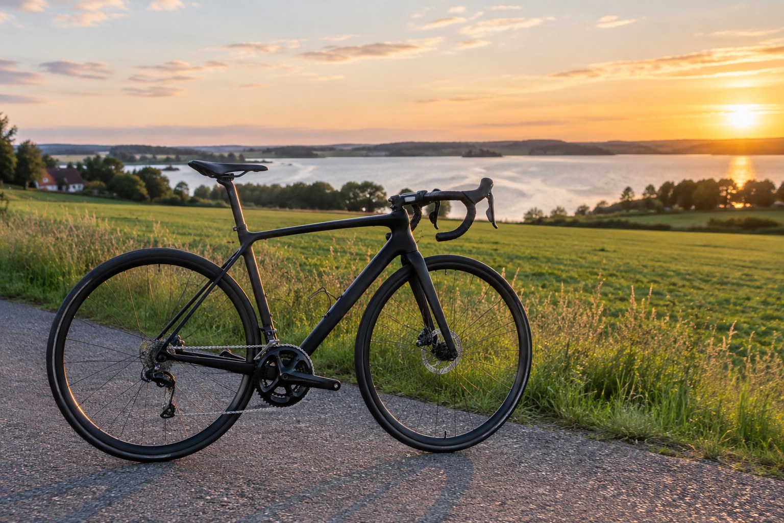 Sort racercykel på en dansk landevej ved grønne marker